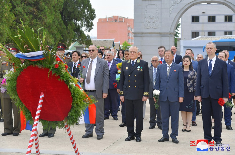 俄罗斯大使馆成员向解放塔和苏军烈士墓献花圈