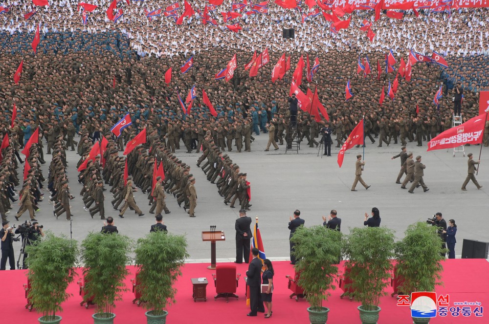 Ceremony of Paektusan Hero Youth Shock Brigade's Departure for Rehabilitation Sites in North Phyongan Province Takes Place