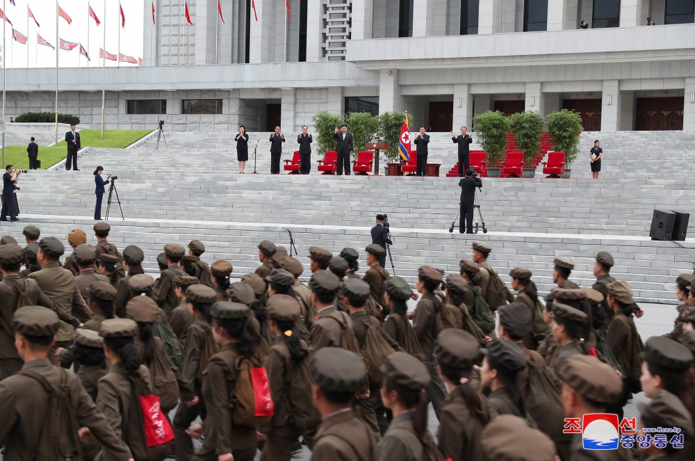 Ceremony of Paektusan Hero Youth Shock Brigade's Departure for Rehabilitation Sites in North Phyongan Province Takes Place