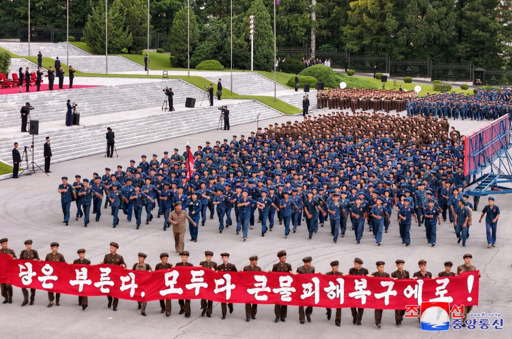 Ceremony of Paektusan Hero Youth Shock Brigade's Departure for Rehabilitation Sites in North Phyongan Province Takes Place