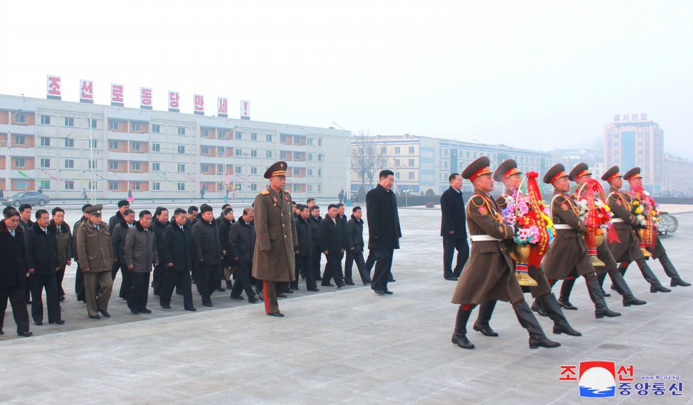 Floral Tribute Paid to Statues of Great Leaders