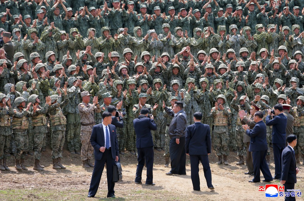 Respected Comrade Kim Jong Un Inspects Combined Tactical Drill of Different Arms Conducted under Training Course of Conference of Training Officers of KPA
